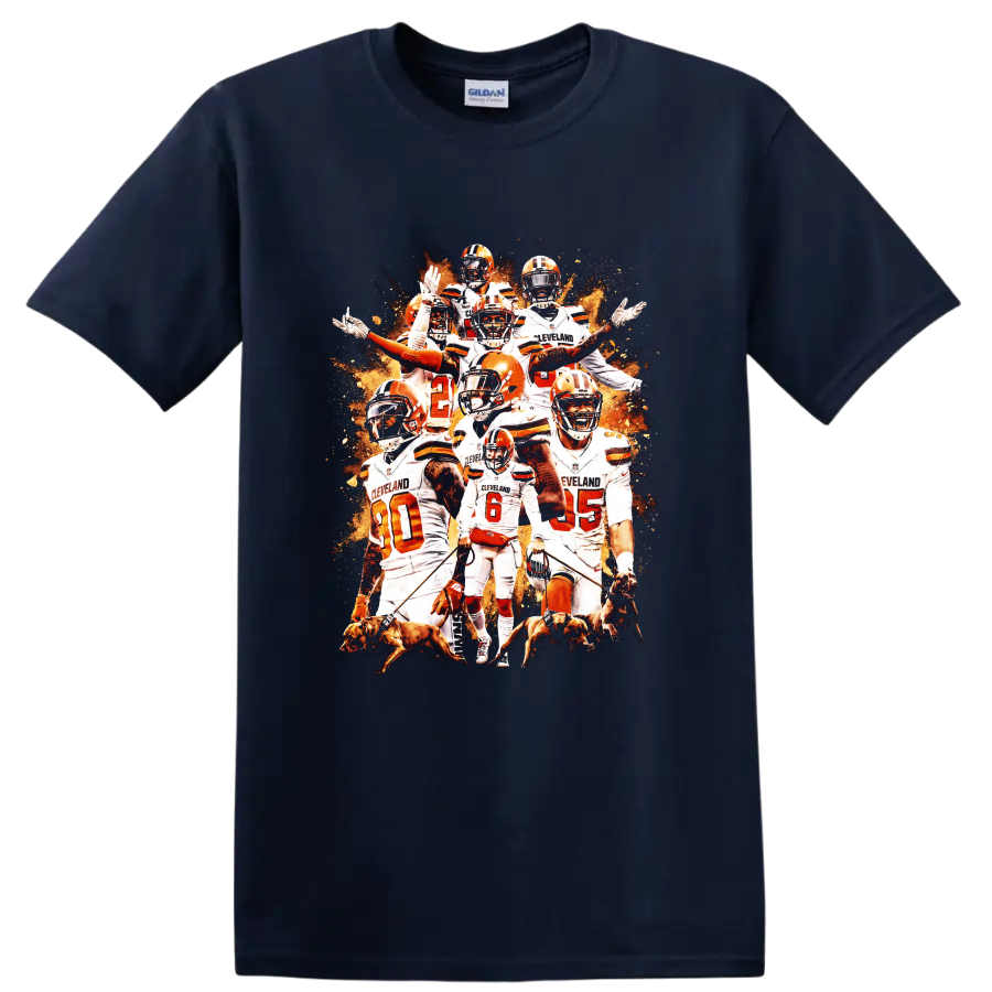 Baker Mayfield Cleveland Browns football collage with orange helmets and dogs on a Navy (Blue) T Shirt
