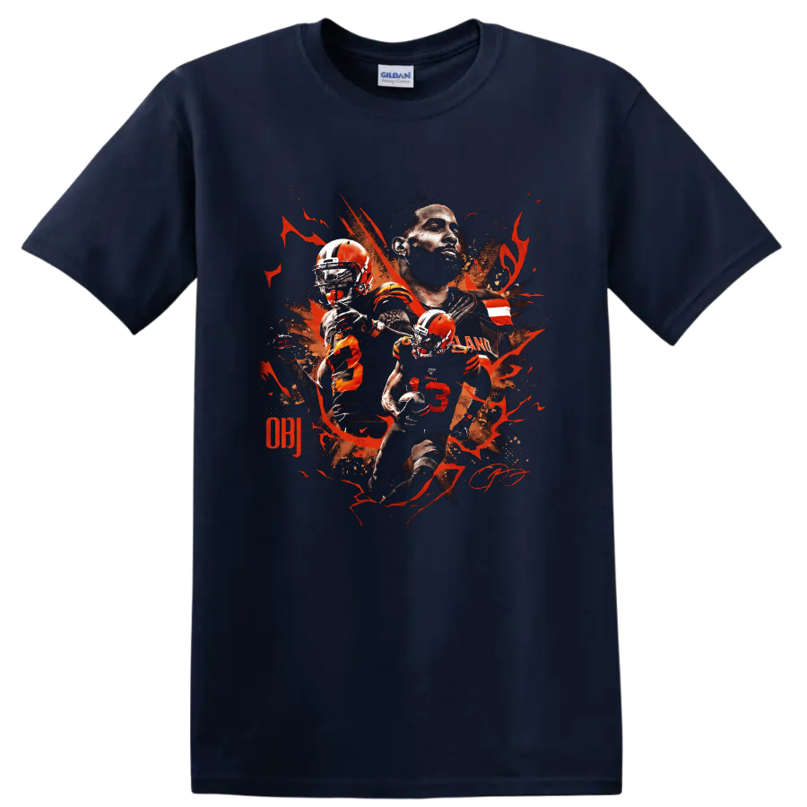 Odell Beckham Jr Cleveland Browns action portrait graphic with orange splatter on a Navy (Blue) T Shirt