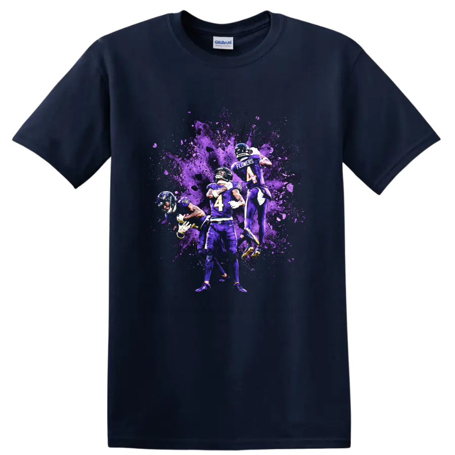 Zay Flowers Baltimore Ravens football action graphic with purple paint splash on a Navy (Blue) T Shirt