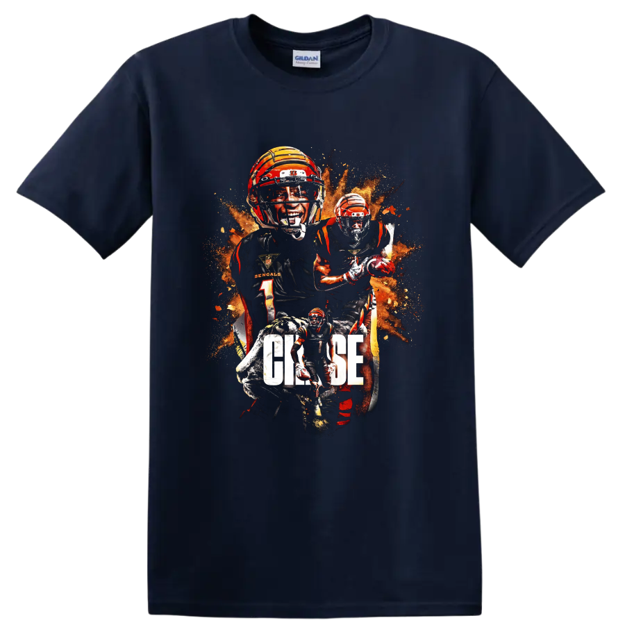 Ja'Marr Chase Bengals football collage with tiger, fiery splatter, and CHASE text on a Navy (Blue) T Shirt