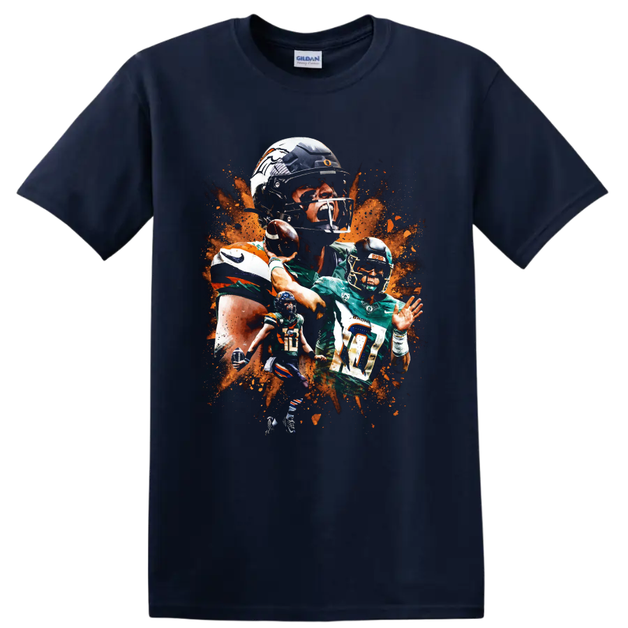 Bo Nix Denver Broncos quarterback collage with number 10 action poses and orange splatter on a Navy (Blue) T Shirt