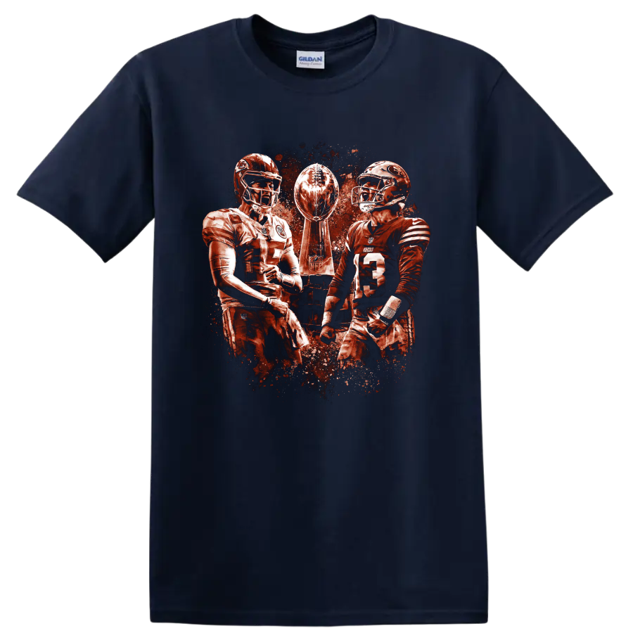 Patrick Mahomes and Brock Purdy with Lombardi Trophy in distressed football art on a Navy (Blue) T Shirt