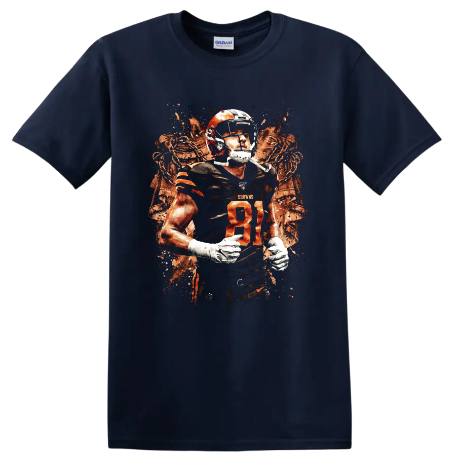David Njoku Cleveland Browns number 81 football player with distressed skeleton art on a Navy (Blue) T Shirt