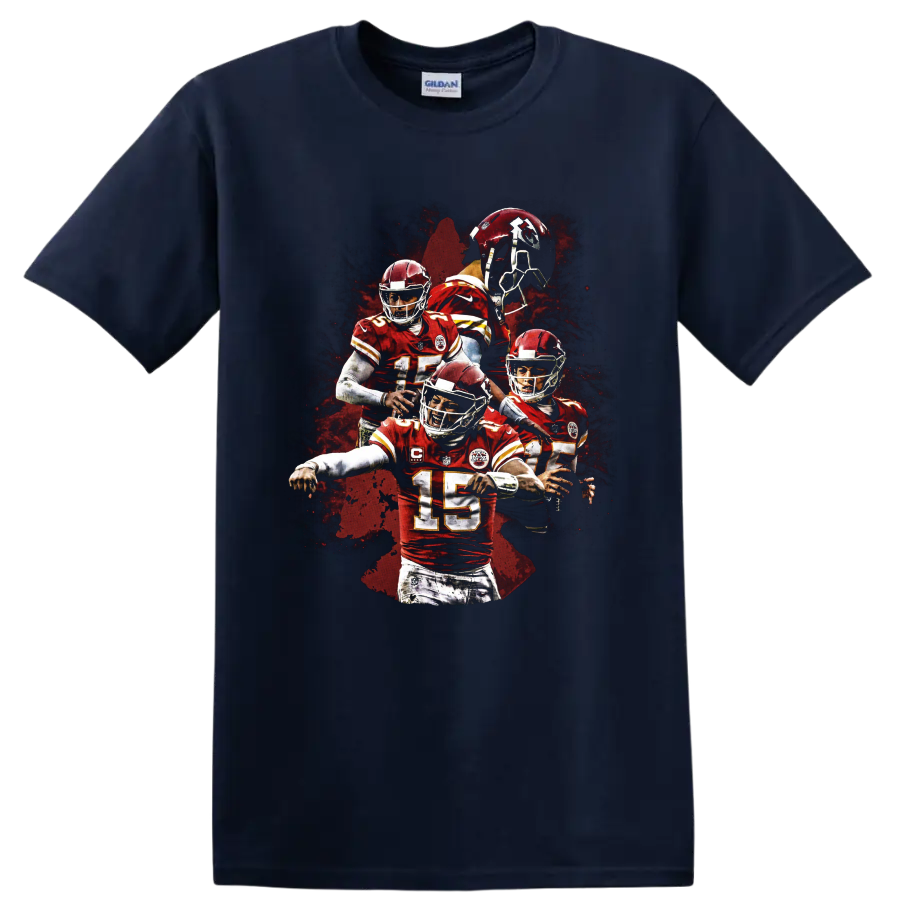 Patrick Mahomes Kansas City Chiefs number 15 action collage with red paint-splatter art on a Navy (Blue) T Shirt