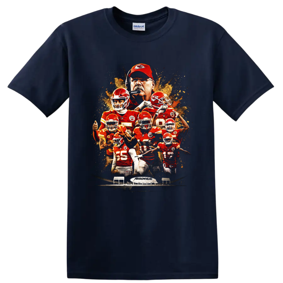 Kansas City Chiefs Mahomes and Reid paint-splatter football collage with Arrowhead on a Navy (Blue) T Shirt