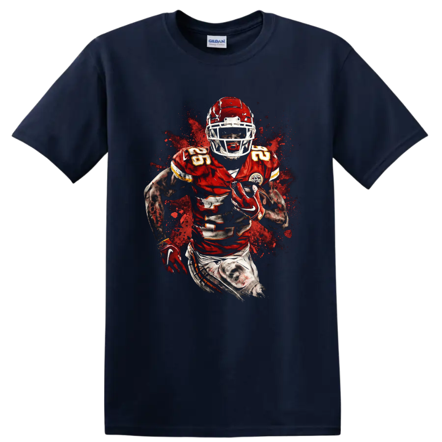 Isiah Pacheco Kansas City Chiefs running back action graphic with paint splatter on a Navy (Blue) T Shirt