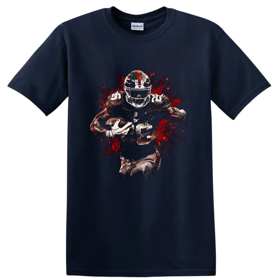 No. 25 football running back in gritty red splatter action artwork on a Navy (Blue) T Shirt
