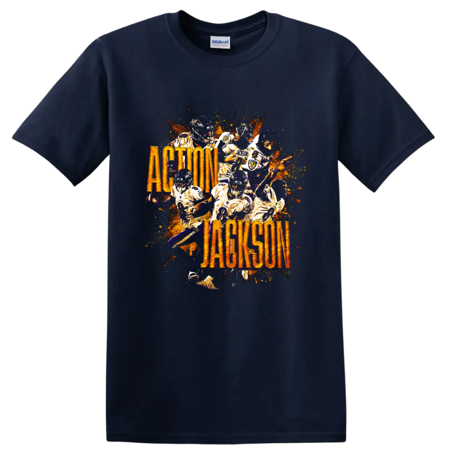 Lamar Jackson Ravens action collage with fiery splatter and Action Jackson text on a Navy (Blue) T Shirt