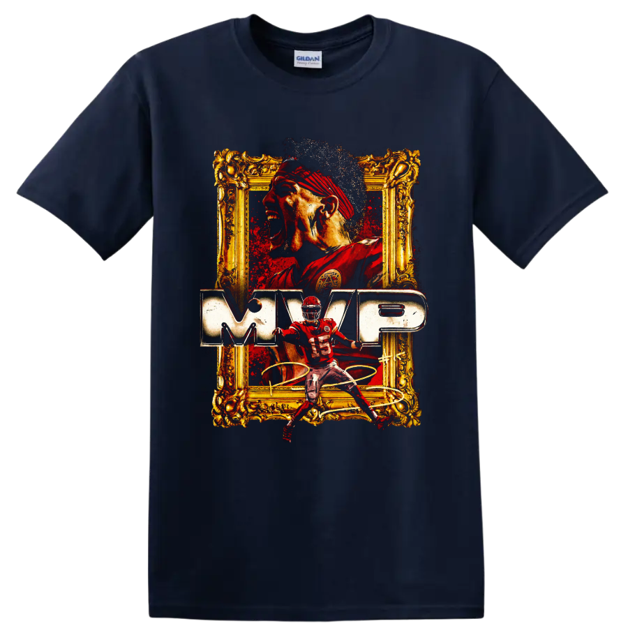 Patrick Mahomes Chiefs MVP graphic with number 15 action pose and ornate gold frame on a Navy (Blue) T Shirt