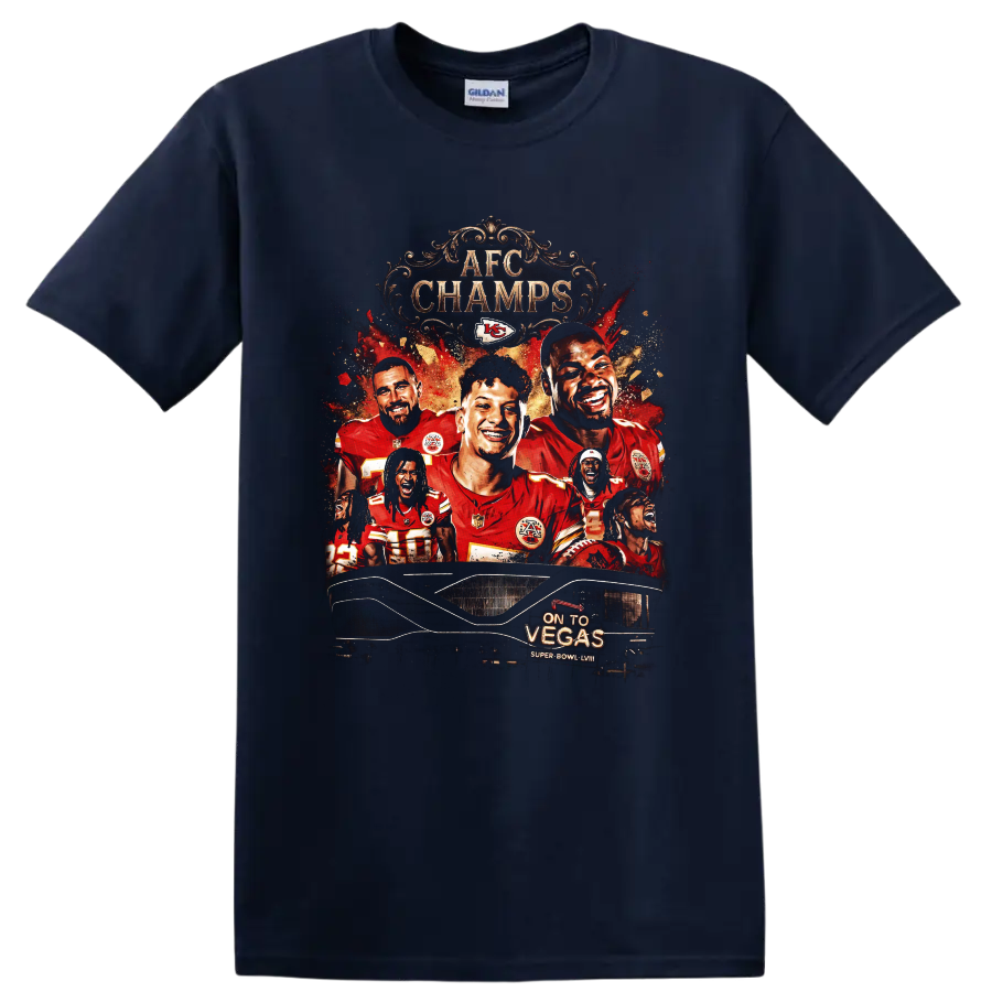 Kansas City Chiefs AFC CHAMPS player collage with On To Vegas Super Bowl LVIII on a Navy (Blue) T Shirt
