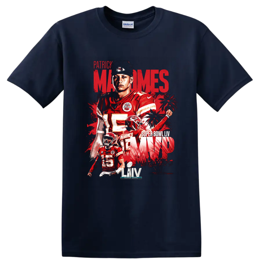 Patrick Mahomes Chiefs Super Bowl LIV MVP distressed football collage graphic on a Navy (Blue) T Shirt