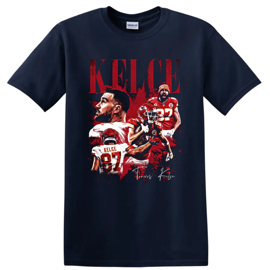 Travis Kelce Chiefs No. 87 distressed football collage with KELCE lettering on a Navy (Blue) T Shirt