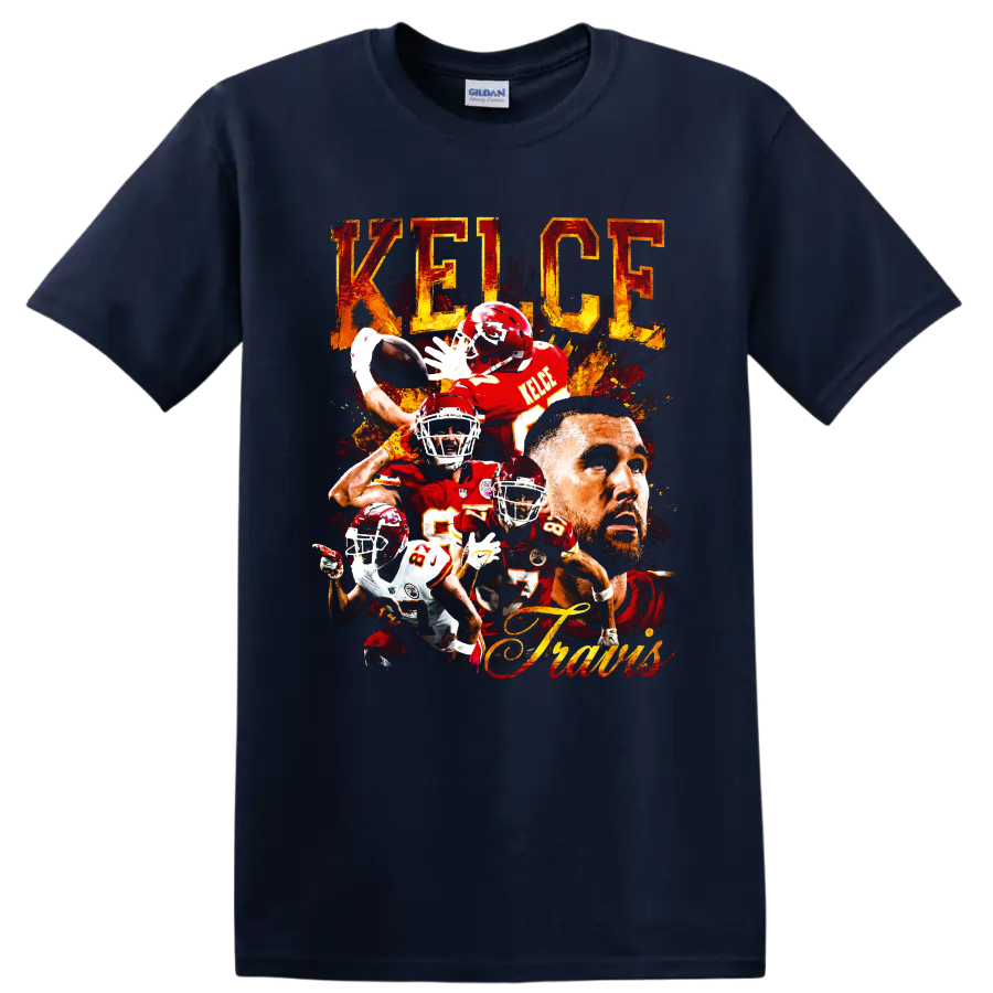 Travis Kelce Kansas City Chiefs football collage with distressed KELCE lettering on a Navy (Blue) T Shirt
