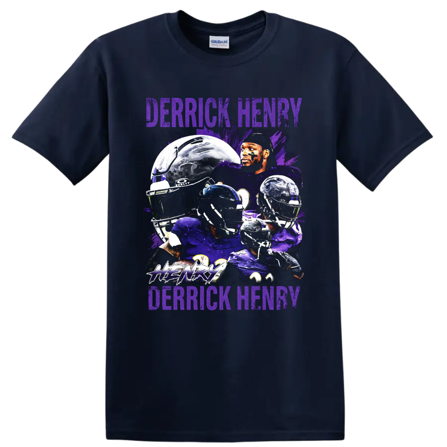 Derrick Henry Baltimore Ravens football collage with helmets and distressed purple text on a Navy (Blue) T Shirt