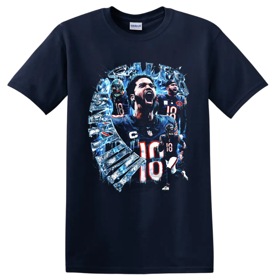 Caleb Williams Chicago Bears number 18 icy shattered football action collage on a Navy (Blue) T Shirt