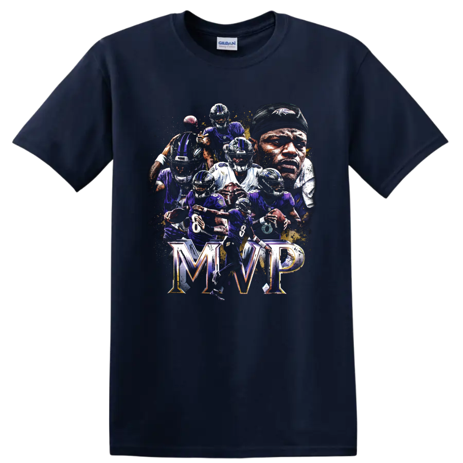 Lamar Jackson Baltimore Ravens MVP action collage with quarterbacks and bold MVP lettering on a Navy (Blue) T Shirt