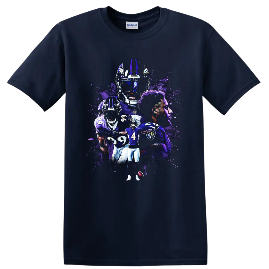 Zay Flowers Baltimore Ravens wide receiver purple paint-splatter football collage on a Navy (Blue) T Shirt