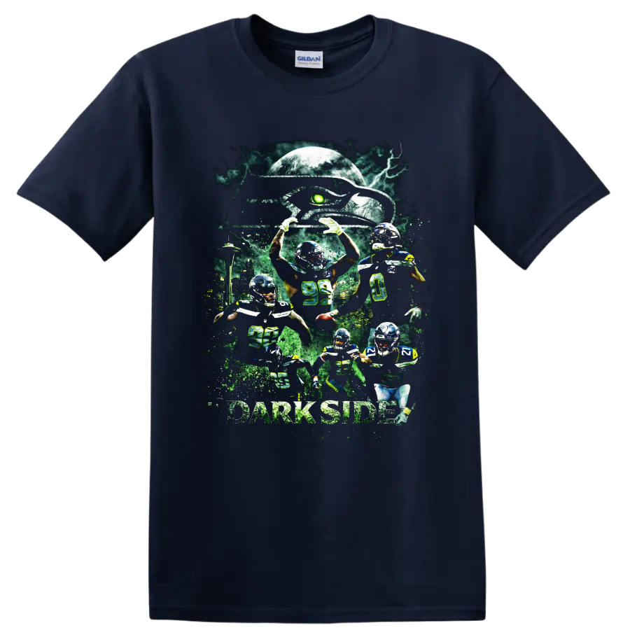 Seattle Seahawks Dark Side football player collage with moon, lightning, and skyline on a Navy (Blue) T Shirt
