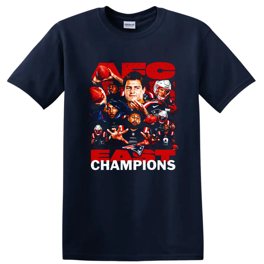 Drake Maye New England Patriots AFC East Champions football collage on a Navy (Blue) T Shirt
