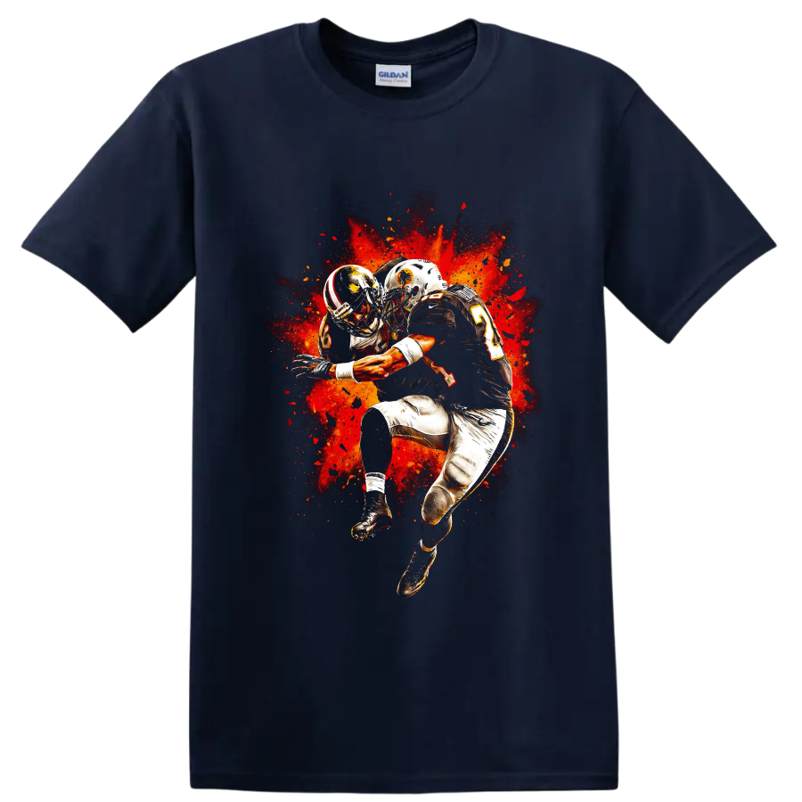 American football players colliding in fiery red-orange splatter action art on a Navy (Blue) T Shirt