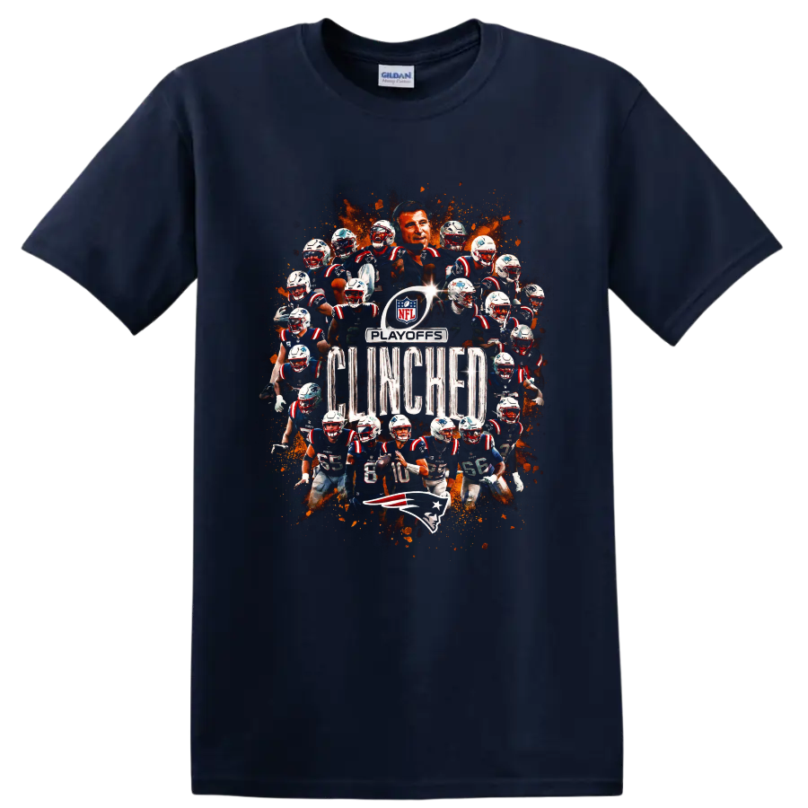 Bill Belichick and New England Patriots playoffs clinched football collage on a Navy (Blue) T Shirt