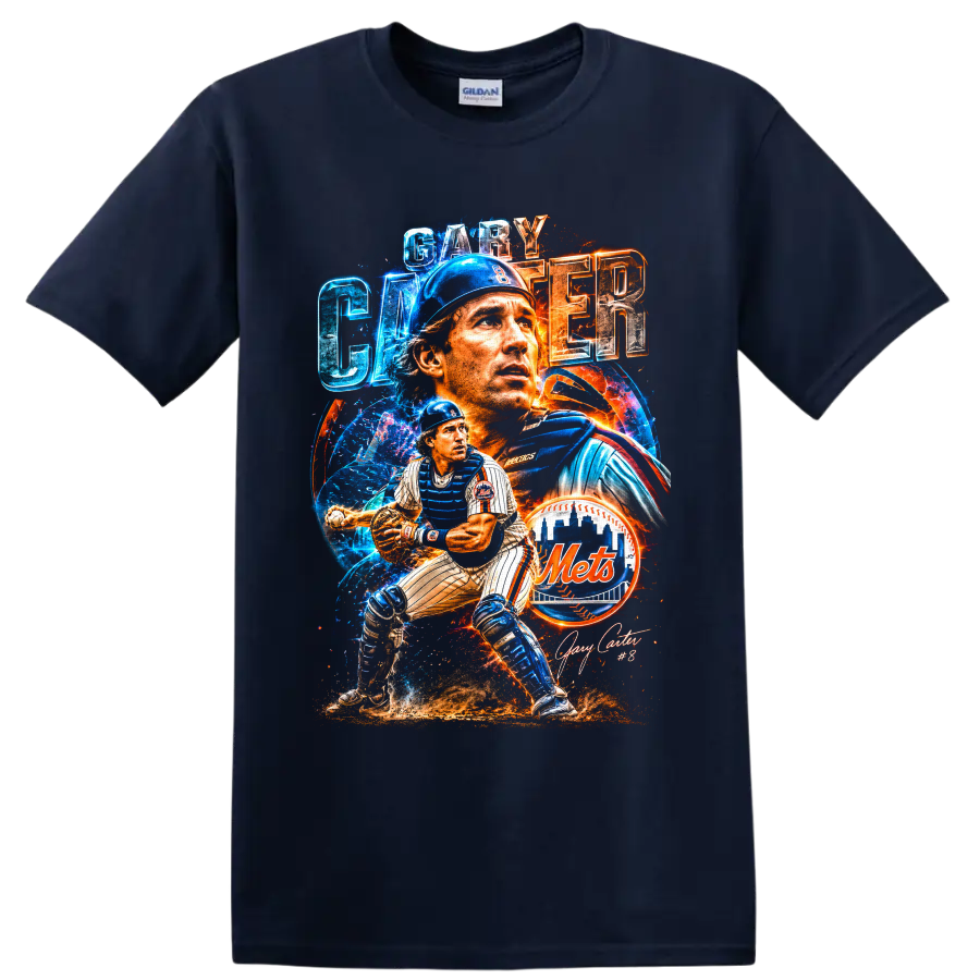 Gary Carter New York Mets catcher portrait and action baseball collage on a Navy (Blue) T Shirt