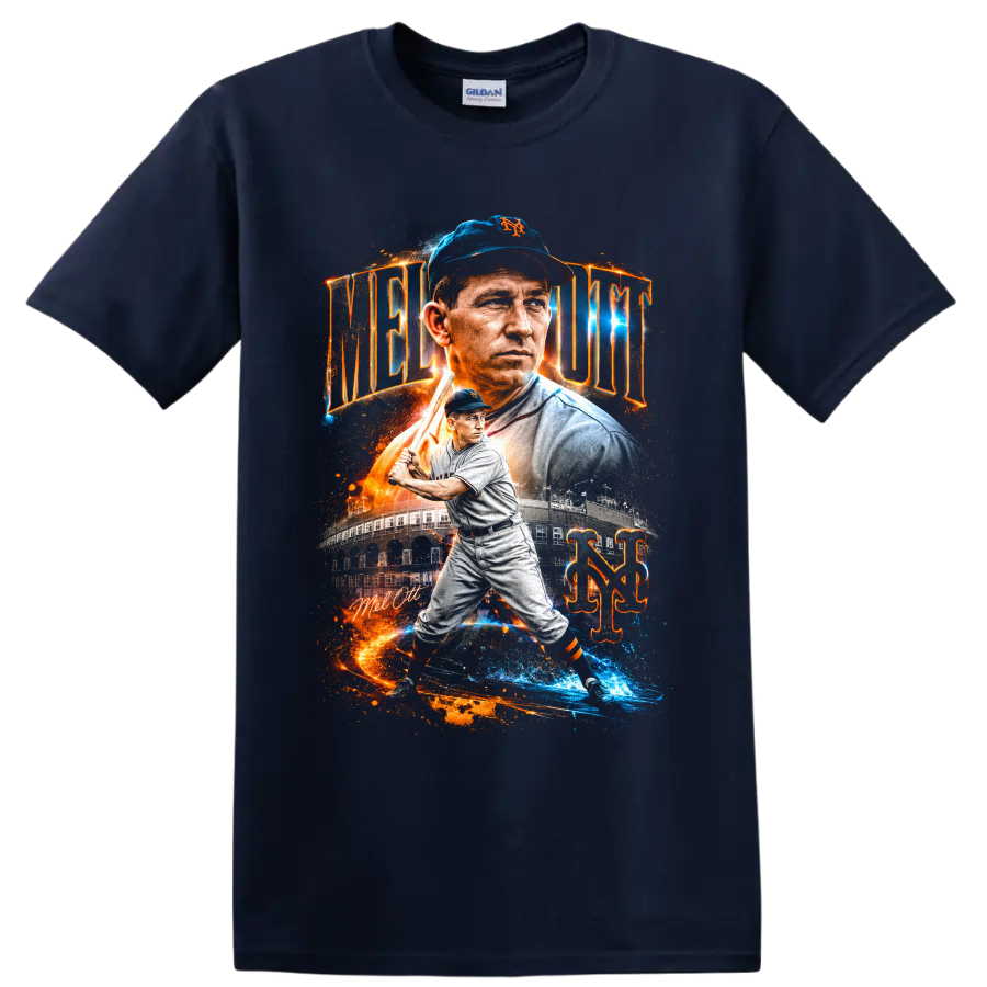 Mel Ott New York Giants portrait and batting graphic with vintage ballpark and NY monogram on a Navy (Blue) T Shirt
