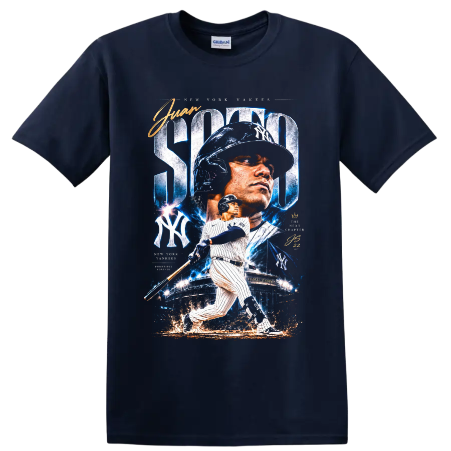 Juan Soto New York Yankees batting action graphic with Yankee Stadium and blue effects on a Navy (Blue) T Shirt