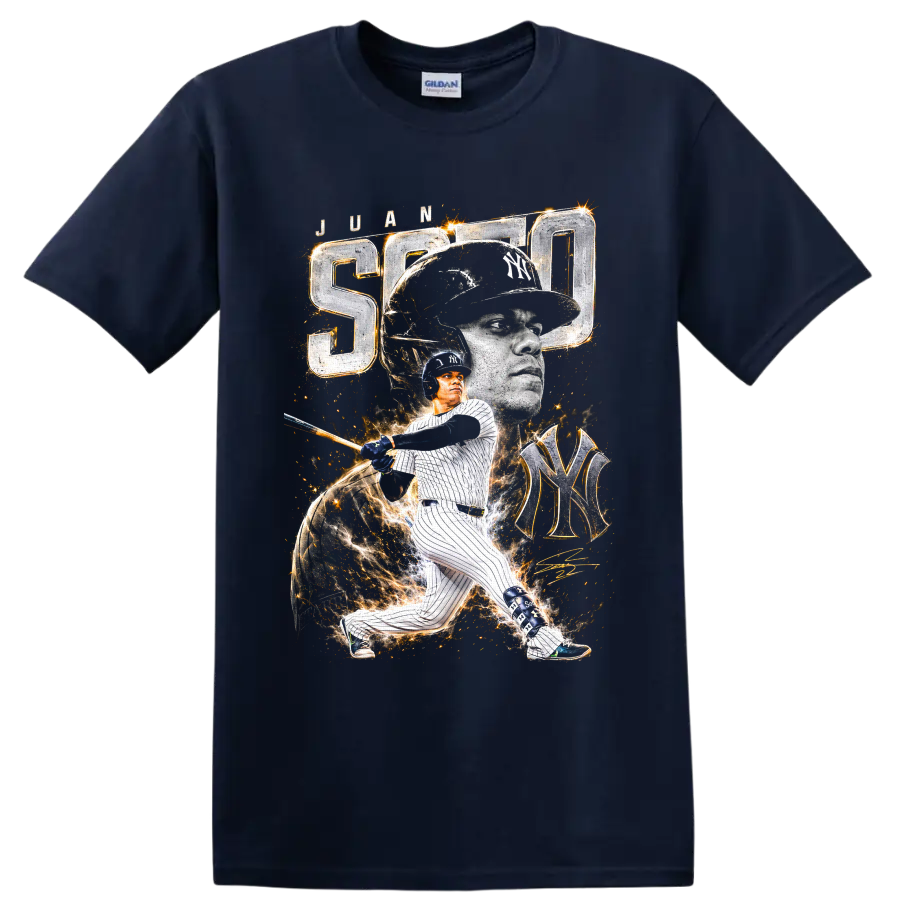 Juan Soto New York Yankees portrait and batting action graphic with SOTO and NY monogram on a Navy (Blue) T Shirt