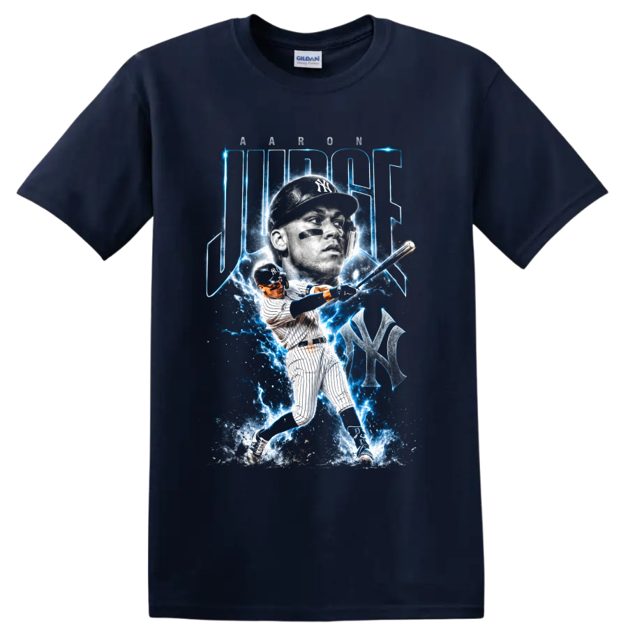 Aaron Judge New York Yankees electric blue baseball portrait and swinging action graphic on a Navy (Blue) T Shirt