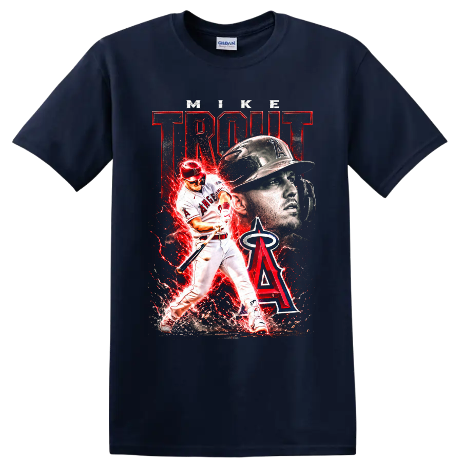 Mike Trout Los Angeles Angels action baseball art with helmet portrait and red energy on a Navy (Blue) T Shirt