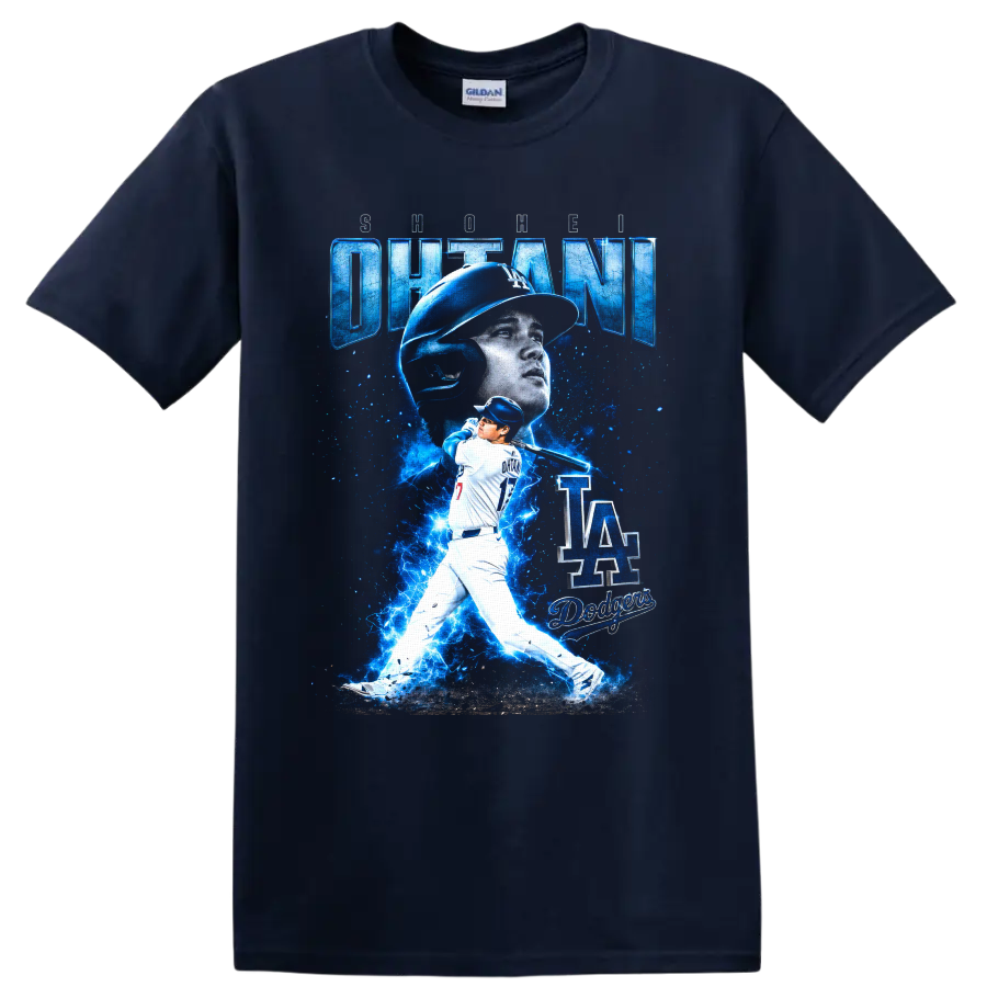 Shohei Ohtani Dodgers number 17 batting graphic with blue lightning and LA lettering on a Navy (Blue) T Shirt