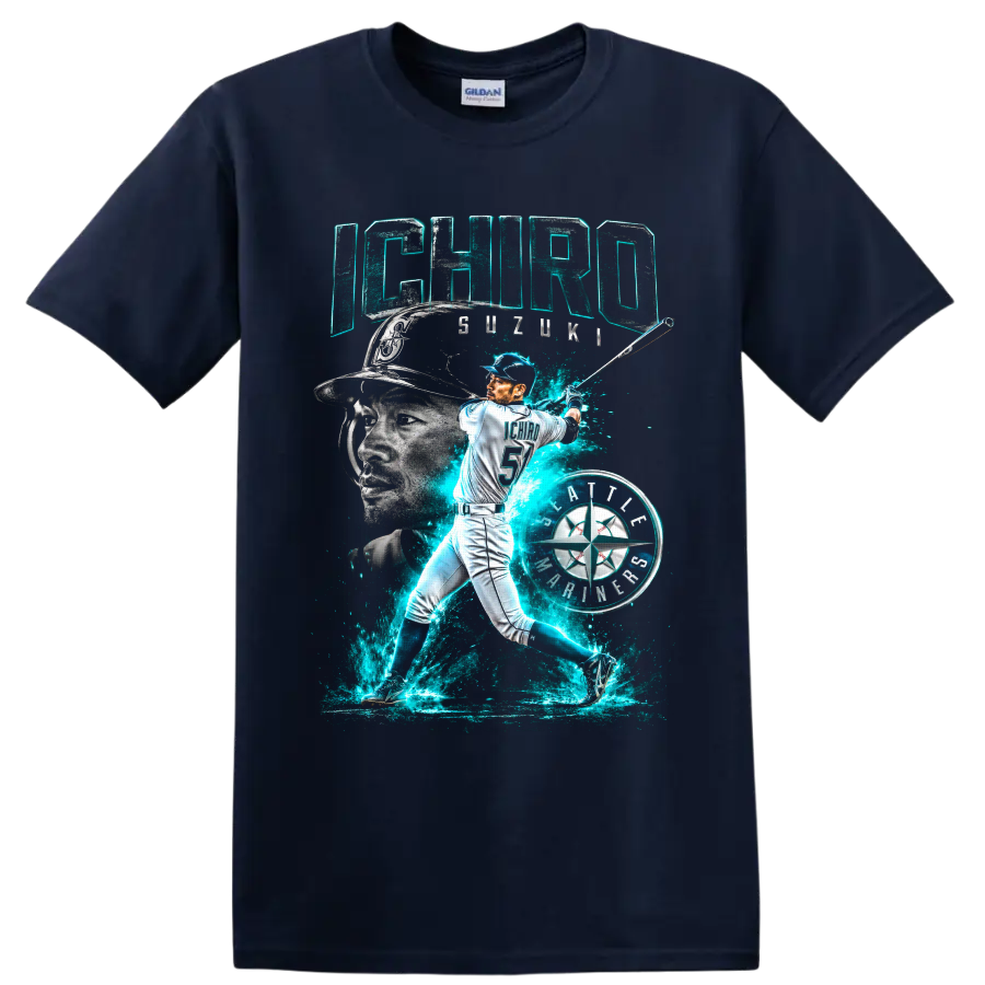 Ichiro Suzuki Seattle Mariners batting portrait with neon teal energy and number 51 on a Navy (Blue) T Shirt