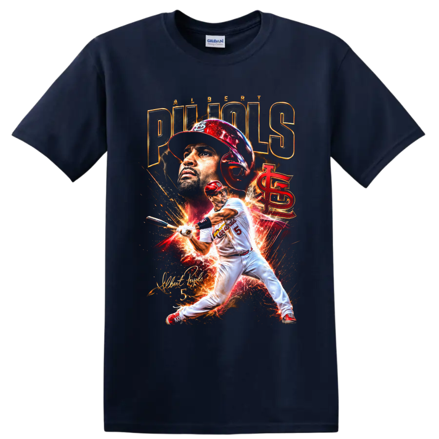Albert Pujols Cardinals batting graphic with portrait, fiery effects, and signature on a Navy (Blue) T Shirt