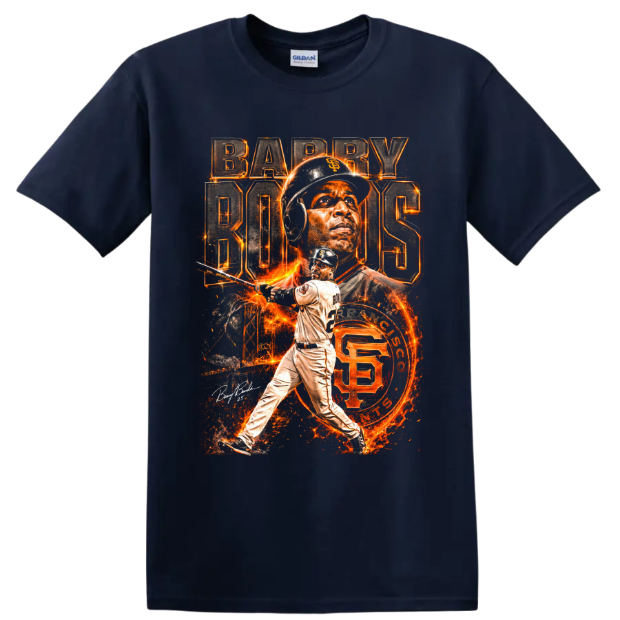 Barry Bonds San Francisco Giants fiery portrait and batting collage with BARRY BONDS text on a Navy (Blue) T Shirt