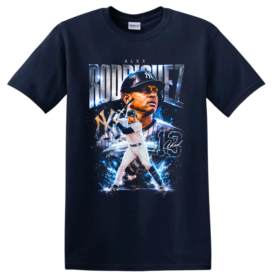 Alex Rodriguez Yankees No. 13 baseball collage with electric blue stadium effects on a Navy (Blue) T Shirt