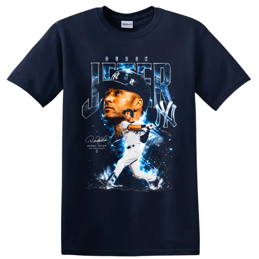 Derek Jeter Yankees portrait and batting graphic with blue stadium effects on a Navy (Blue) T Shirt