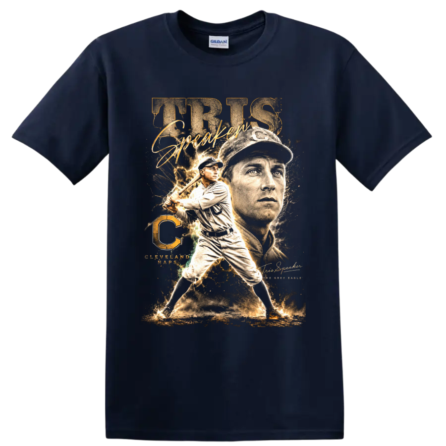 Tris Speaker Cleveland Naps vintage baseball portrait and batting graphic on a Navy (Blue) T Shirt