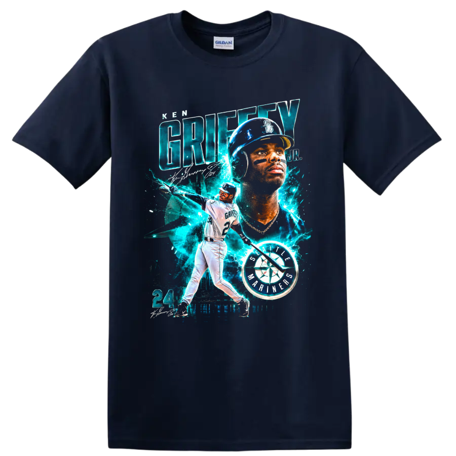 Ken Griffey Jr. Seattle Mariners batting portrait with number 24 and teal electric on a Navy (Blue) T Shirt