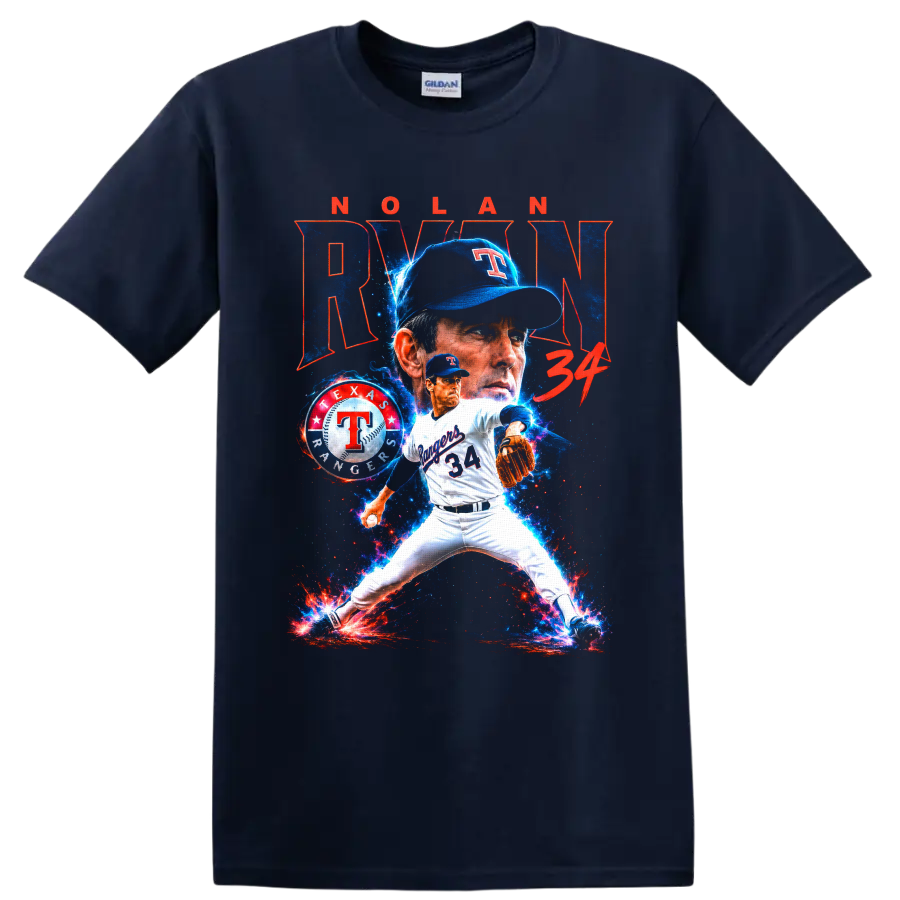 Nolan Ryan Texas Rangers No. 34 pitcher graphic with cosmic blue and red effects on a Navy (Blue) T Shirt