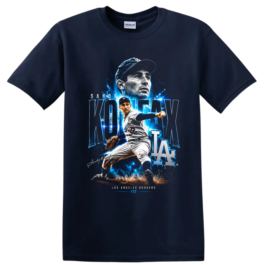 Sandy Koufax Dodgers pitcher collage with KOUFAX lettering, number 32, and LA logo on a Navy (Blue) T Shirt