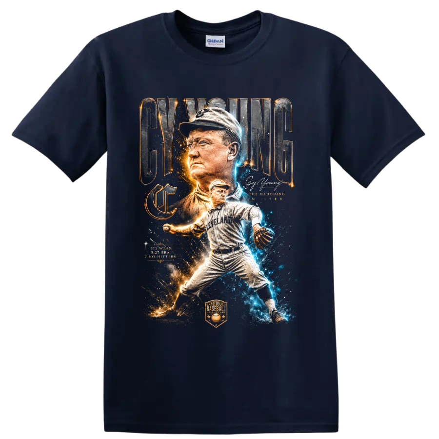 Cy Young Cleveland pitcher collage with vintage lettering and blue-gold sparks on a Navy (Blue) T Shirt