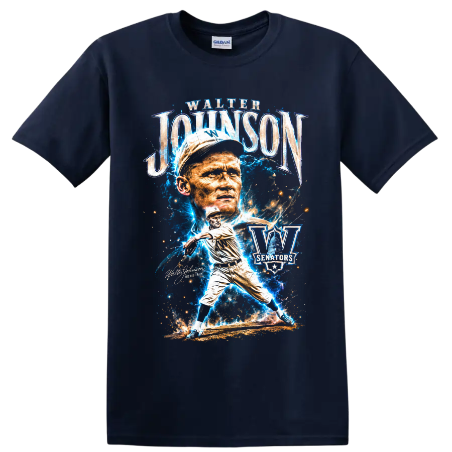 Walter Johnson Washington Senators pitcher portrait and action graphic on a Navy (Blue) T Shirt