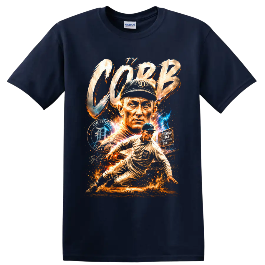 Ty Cobb Detroit Tigers portrait and sliding baseball player graphic with COBB lettering on a Navy (Blue) T Shirt