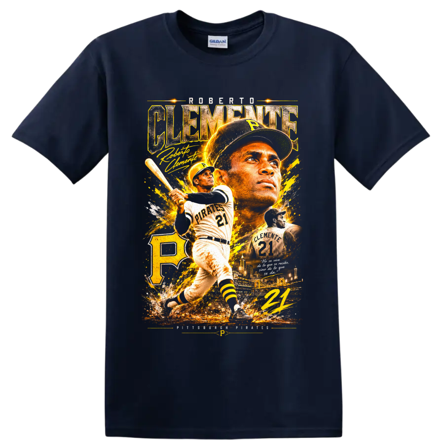 Roberto Clemente Pittsburgh Pirates number 21 vintage gold baseball collage on a Navy (Blue) T Shirt