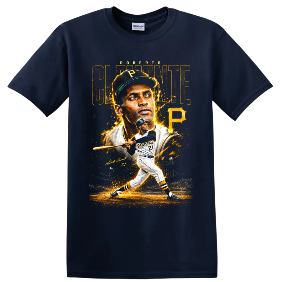 Roberto Clemente Pittsburgh Pirates portrait and batting graphic with number 21 on a Navy (Blue) T Shirt