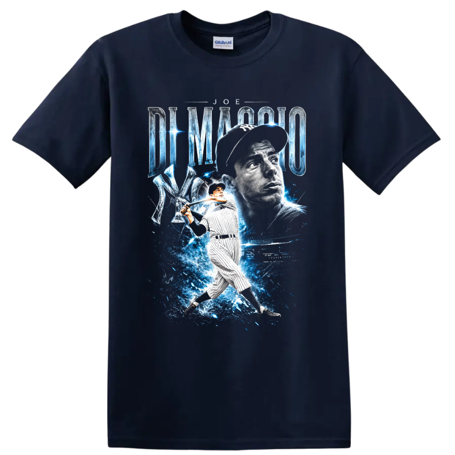 Joe DiMaggio Yankees portrait and batting pose with blue energy baseball graphic on a Navy (Blue) T Shirt