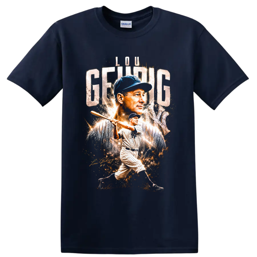 Lou Gehrig Yankees portrait and batting graphic with distressed lettering and number 4 on a Navy (Blue) T Shirt