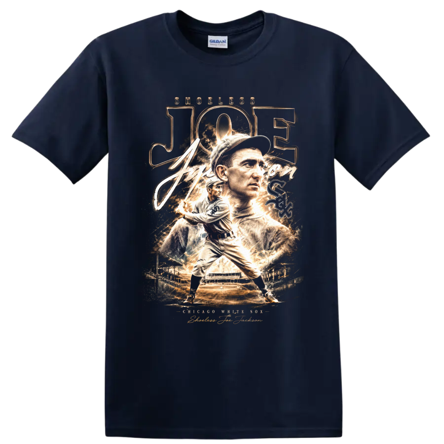 Shoeless Joe Jackson Chicago White Sox vintage portrait and batting baseball graphic on a Navy (Blue) T Shirt