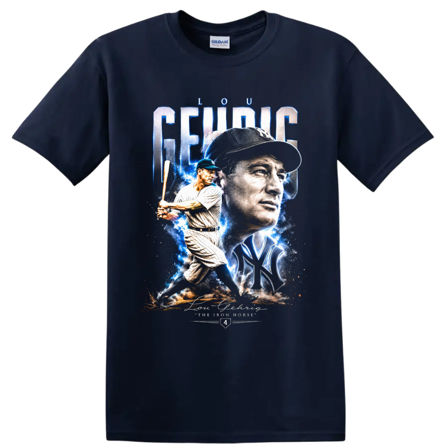 Lou Gehrig Yankees portrait and batting collage with Iron Horse text on a Navy (Blue) T Shirt